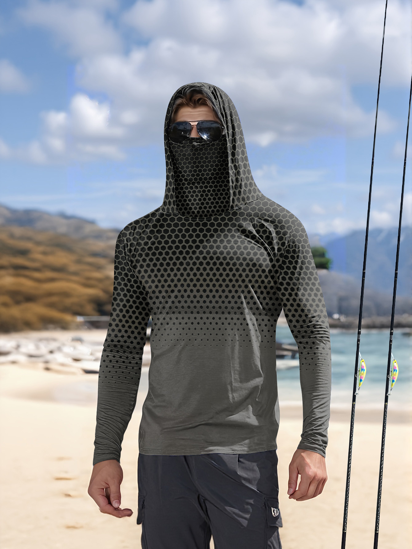 Fishing Shirt Uv Protection - Grey Gradient Honeycomb Men Fishing Hooded